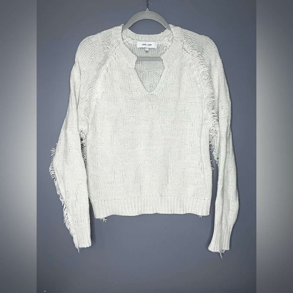 John + Jenn Sweater Womens Small White Open Knit Fringe Crochet Coastal Cowgirl